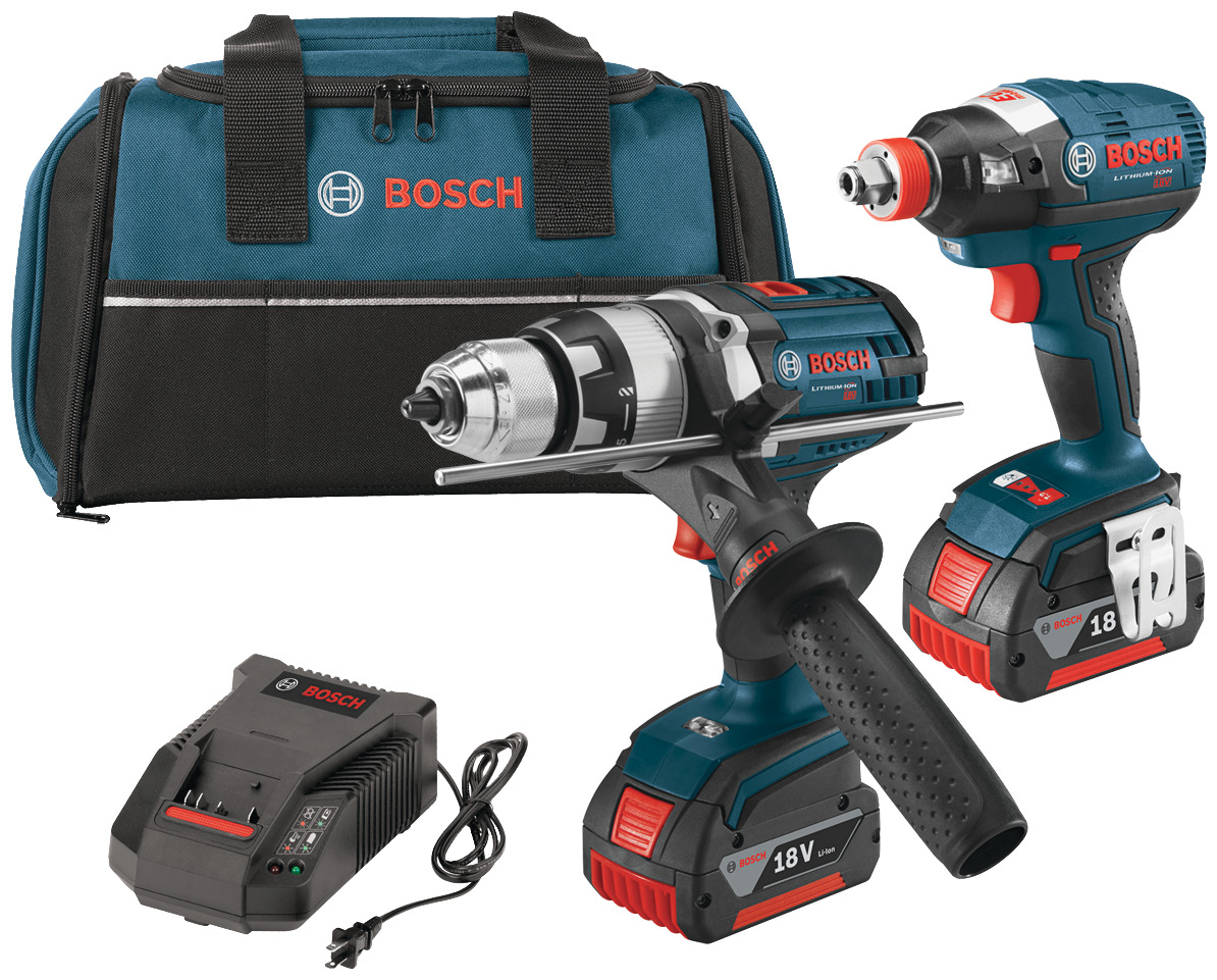 White Cap Bosch 18V 2 Tool Kit with Brute Tough Hammer Drill Driver HDH181X Impact Driver IDH and 2 Fatpacks 4.0Ah